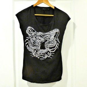 DEX Beaded Faux Pearl Wild Cat Black Tee